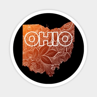 Colorful mandala art map of Ohio with text in brown and orange Magnet